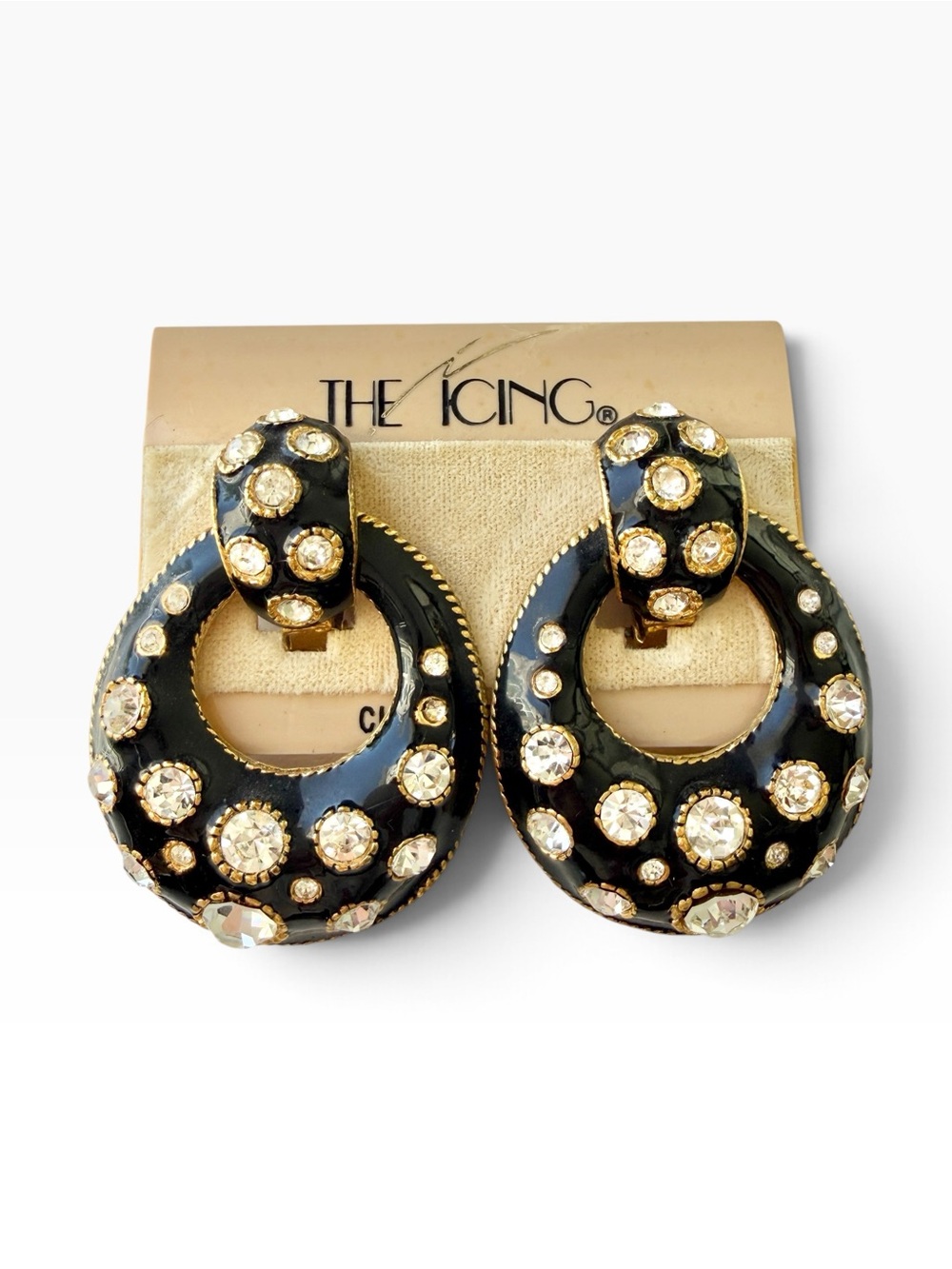 Vintage 1980s The Icing Convertible Statement Earrings Rhinestone Black Enamel